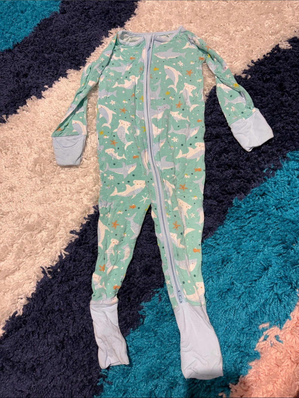 Baby Zip-Front Footed One-Piece in Mint Shark Print